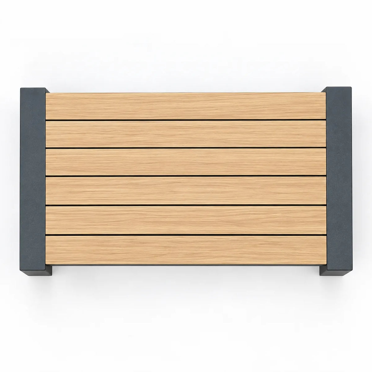 Top view of outdoor aluminum patio coffee table with wood-look WPC slatted tabletop