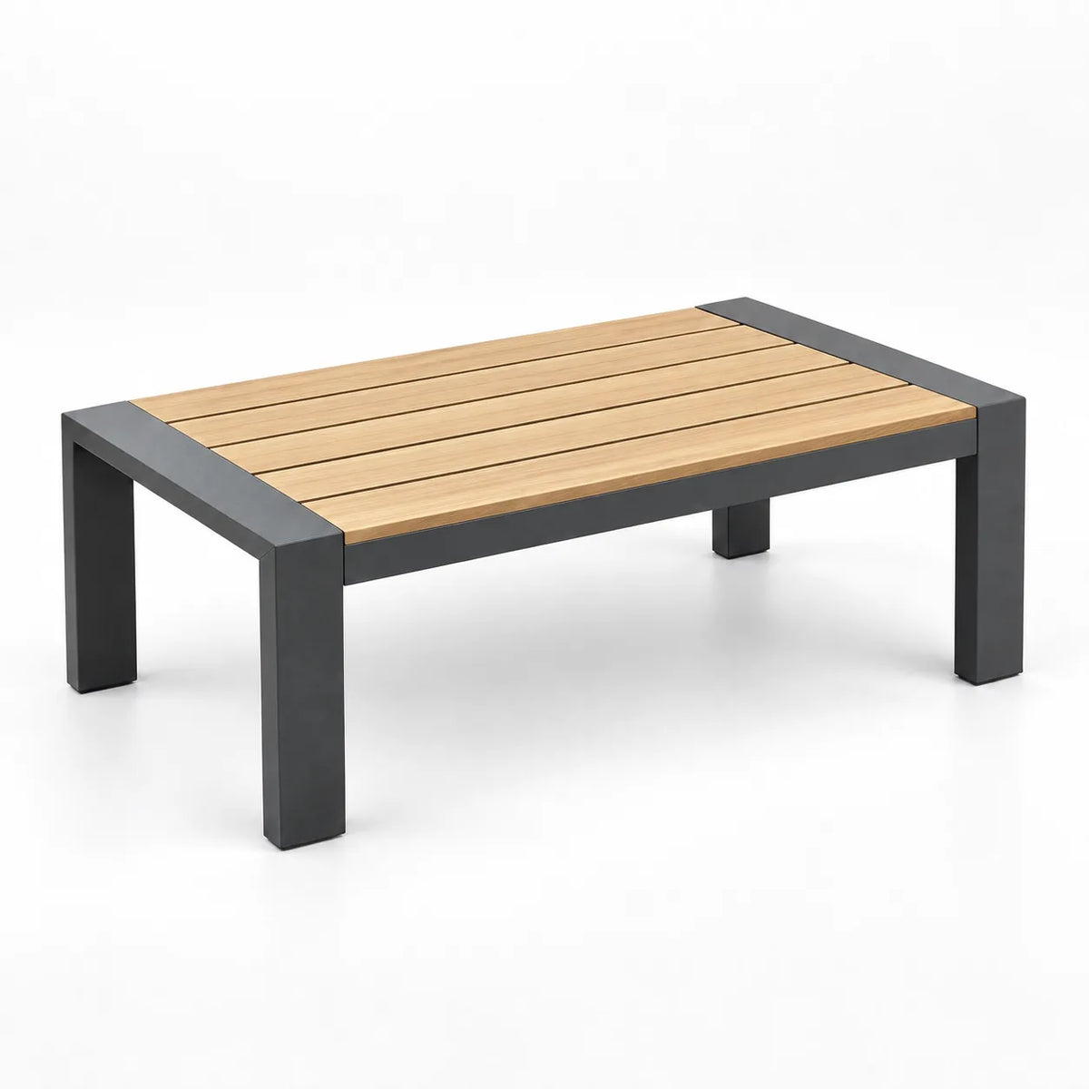 Outdoor aluminum patio coffee table with wood-look WPC slatted tabletop, front three-quarter view