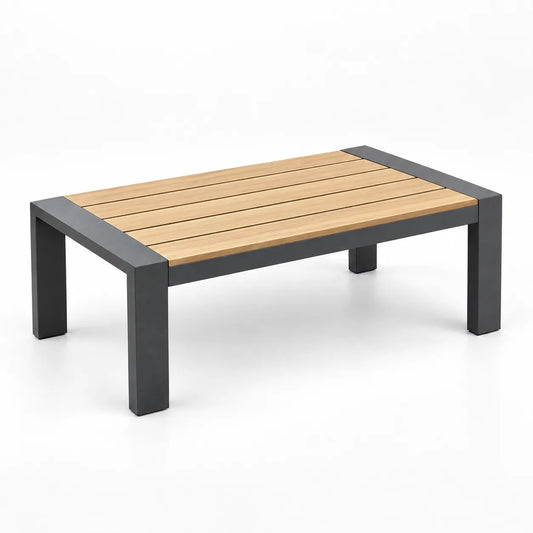 Outdoor aluminum patio coffee table with wood-look WPC slatted tabletop, front three-quarter view