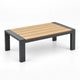 Outdoor aluminum patio coffee table with wood-look WPC slatted tabletop, front three-quarter view