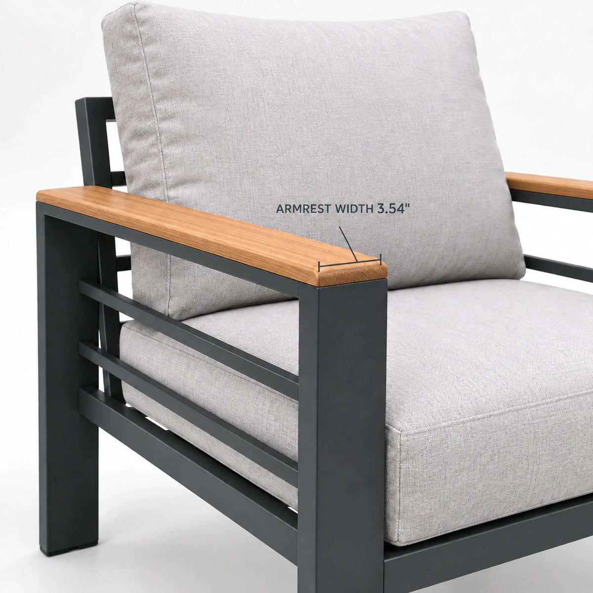 Outdoor sofa chair armrest width detail showing 3.54 inch wood-look armrest and gray cushion