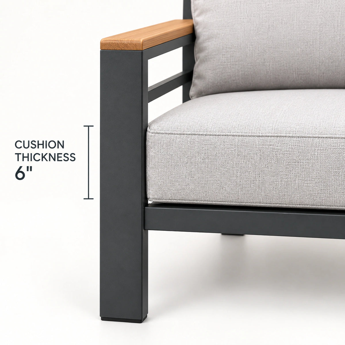 Outdoor sofa chair cushion thickness detail showing 6 inch seat cushion
