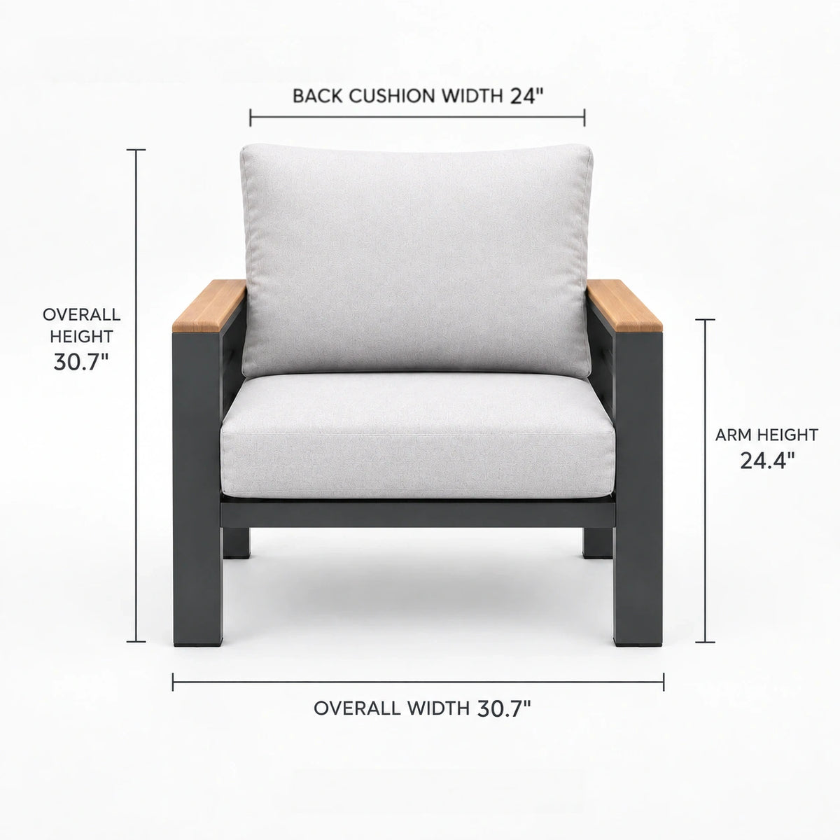 Front dimensions of one outdoor aluminum patio armchair: 30.7 in. W x 30.7 in. H, 24.4 in. arm height, and 24 in. seat width