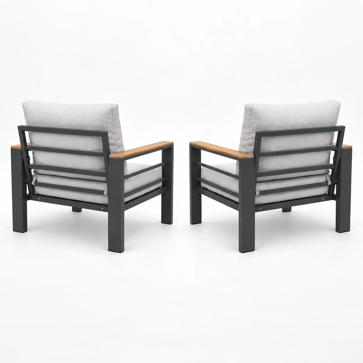 Outdoor sofa chair set with gray cushions, black metal frame, and wood-look armrests on a white background
