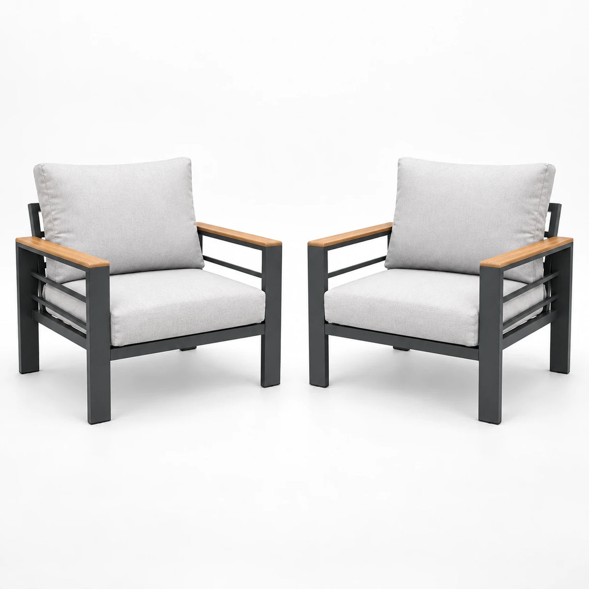 Front view of two outdoor sofa chairs with gray cushions, black metal frames, and wood-look armrests