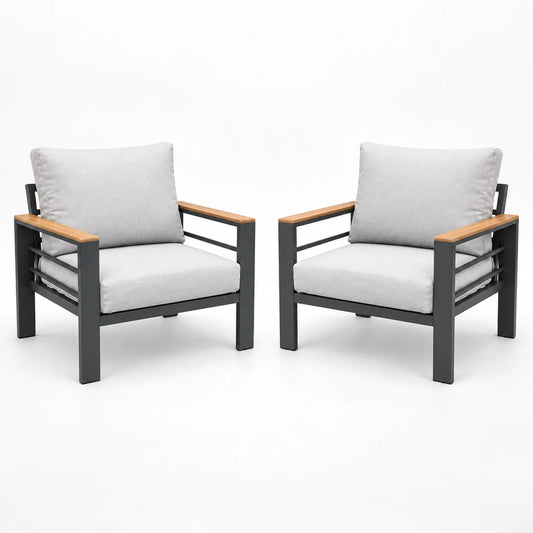 Front view of two outdoor sofa chairs with gray cushions, black metal frames, and wood-look armrests