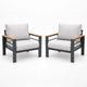 Front view of two outdoor sofa chairs with gray cushions, black metal frames, and wood-look armrests