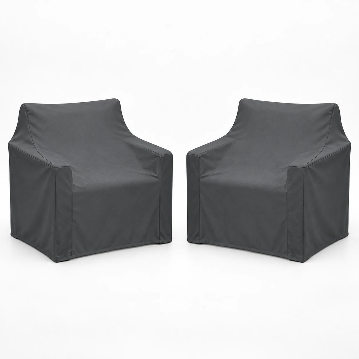 Two black Oxford fabric rain covers with securing ties for outdoor patio armchairs