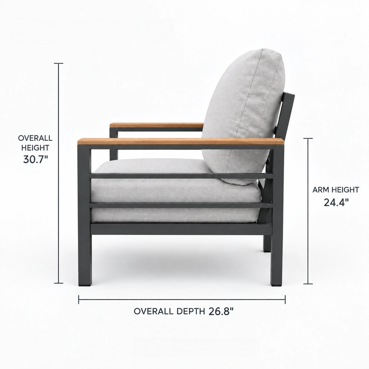 Side view outdoor sofa chair dimensions showing 30.7 inch height, 26.8 inch depth, and 24.4 inch arm height