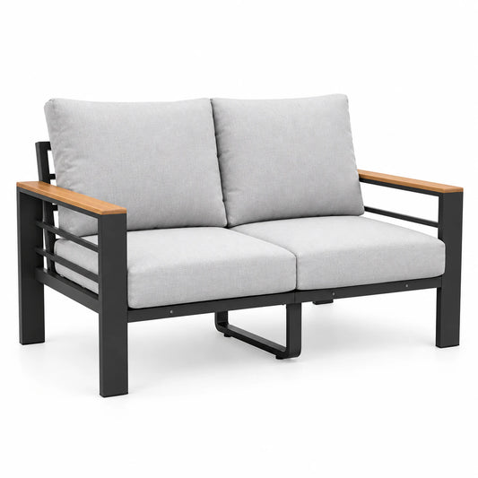 Outdoor aluminum patio loveseat with light gray cushions and WPC armrests, front three-quarter view