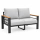 Outdoor aluminum patio loveseat with light gray cushions and WPC armrests, front three-quarter view