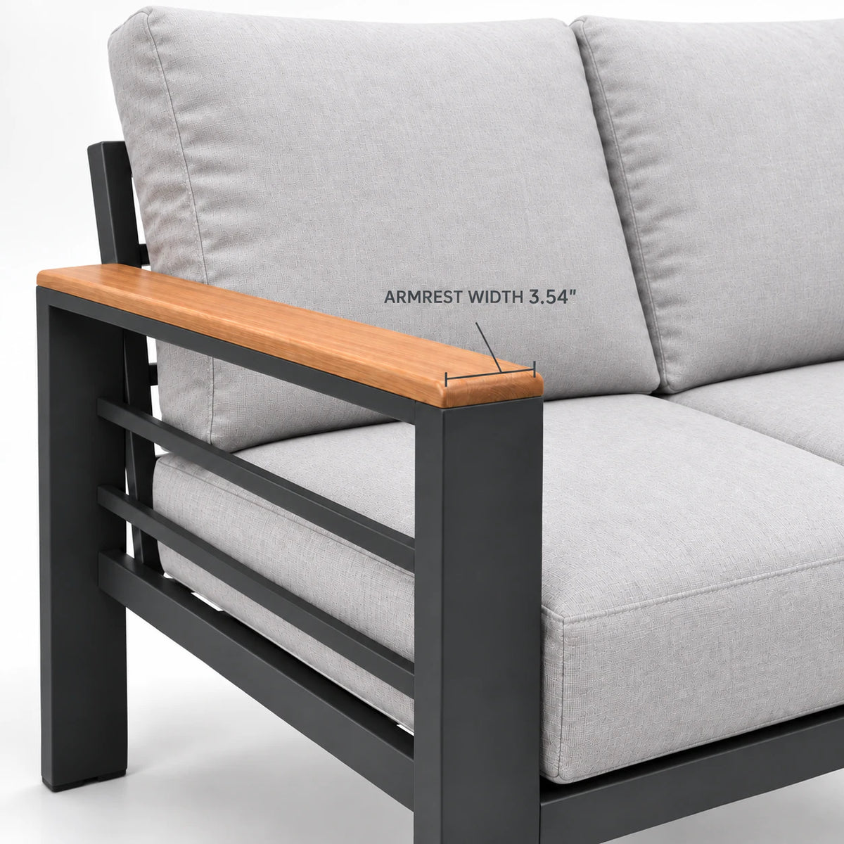 3.54 in. wide wood-look WPC armrest detail on an outdoor aluminum patio loveseat