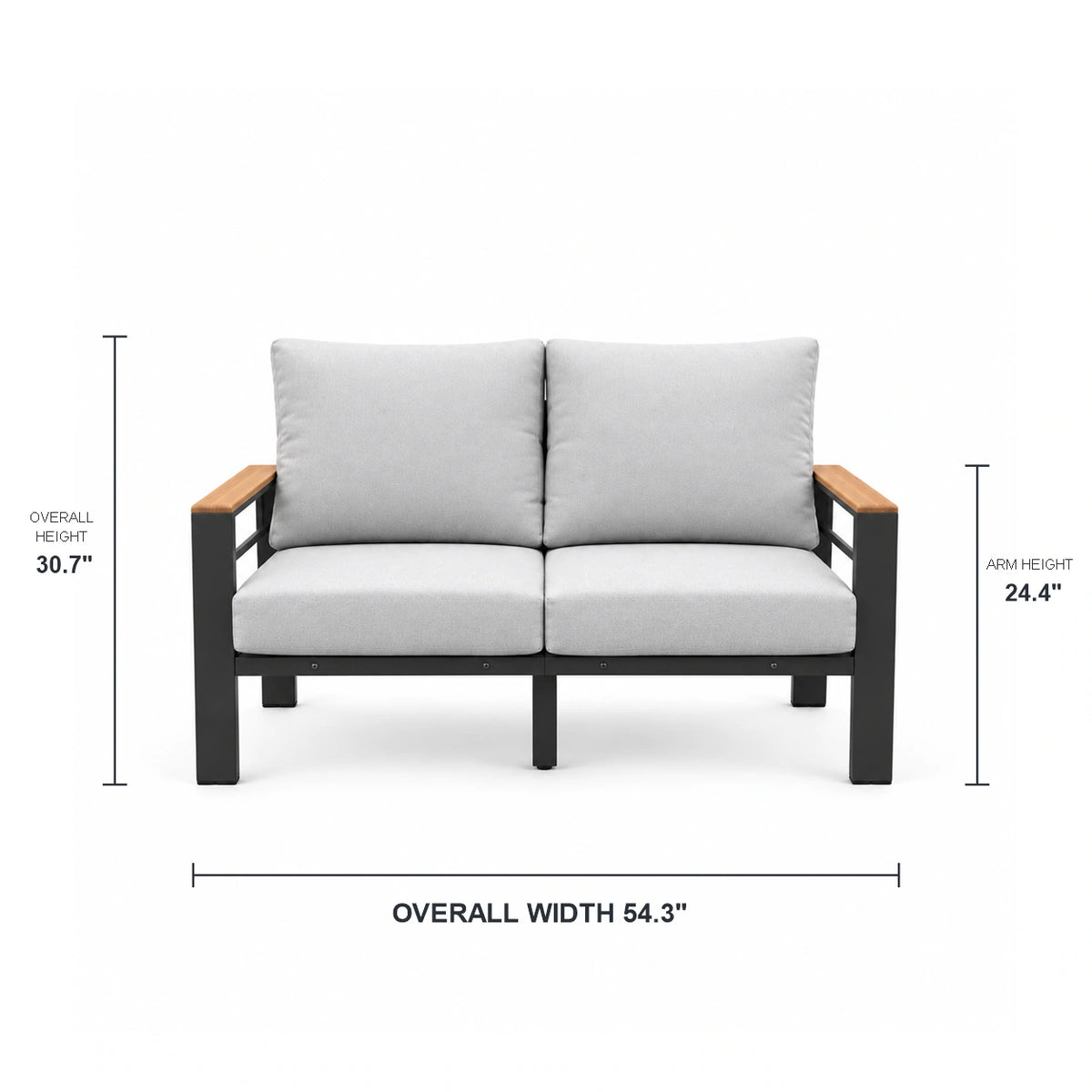 Front dimensions of an outdoor aluminum patio loveseat: 54.3 in. W x 30.7 in. H, with 24.4 in. arm height