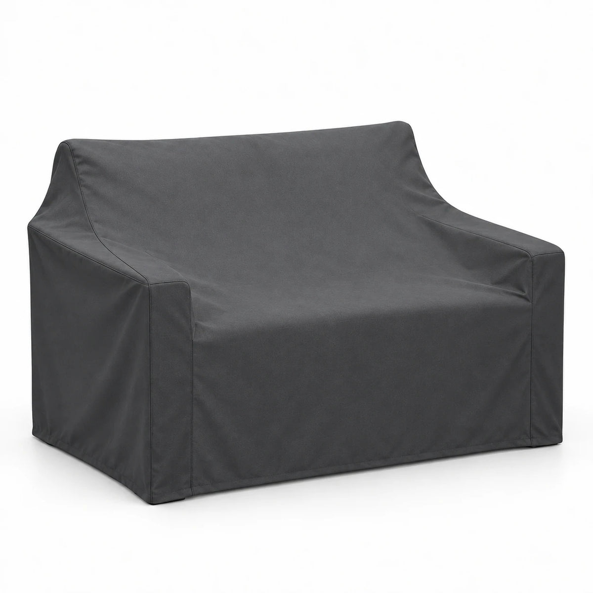 Fitted black Oxford rain cover with securing ties for an outdoor patio loveseat