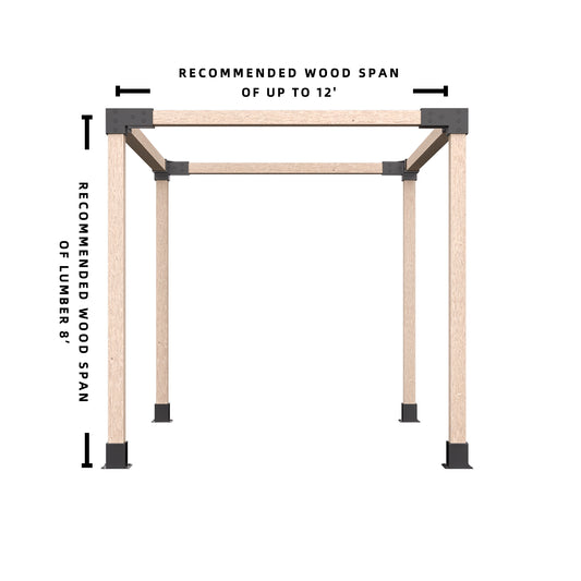 Pergola bracket kit with recommended wood span of up to 12 feet, shown in diagram.