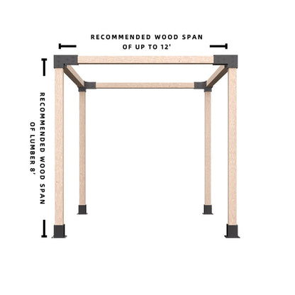 Pergola bracket kit with recommended wood span of up to 12 feet, shown in diagram.