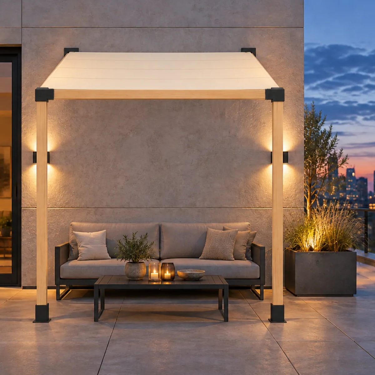 Wood-framed rooftop canopy over a sofa and coffee table at dusk, with a city skyline beyond the terrace.