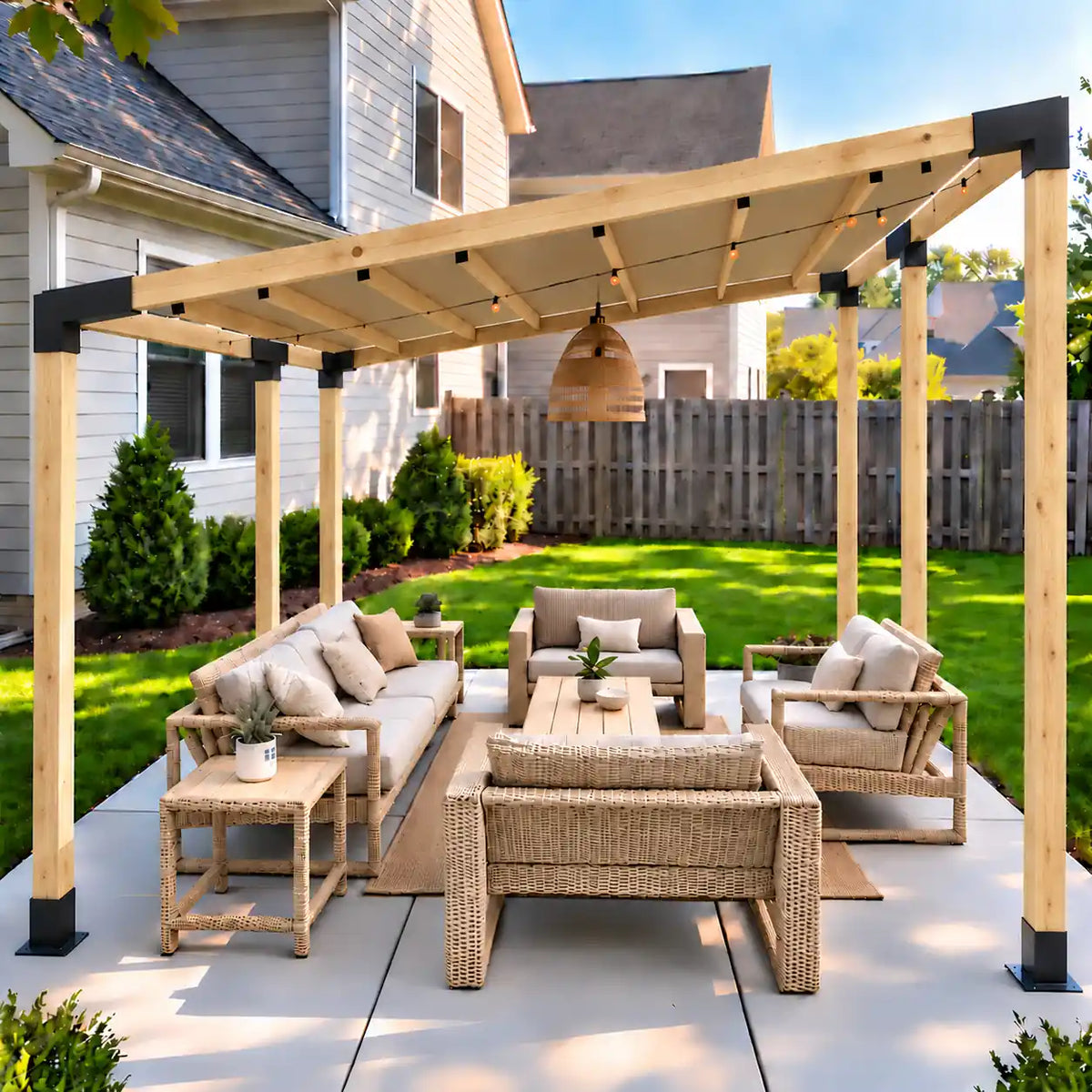 Light oak sloped double-bay pergola shading a backyard patio with beige wicker seating and a coffee table.