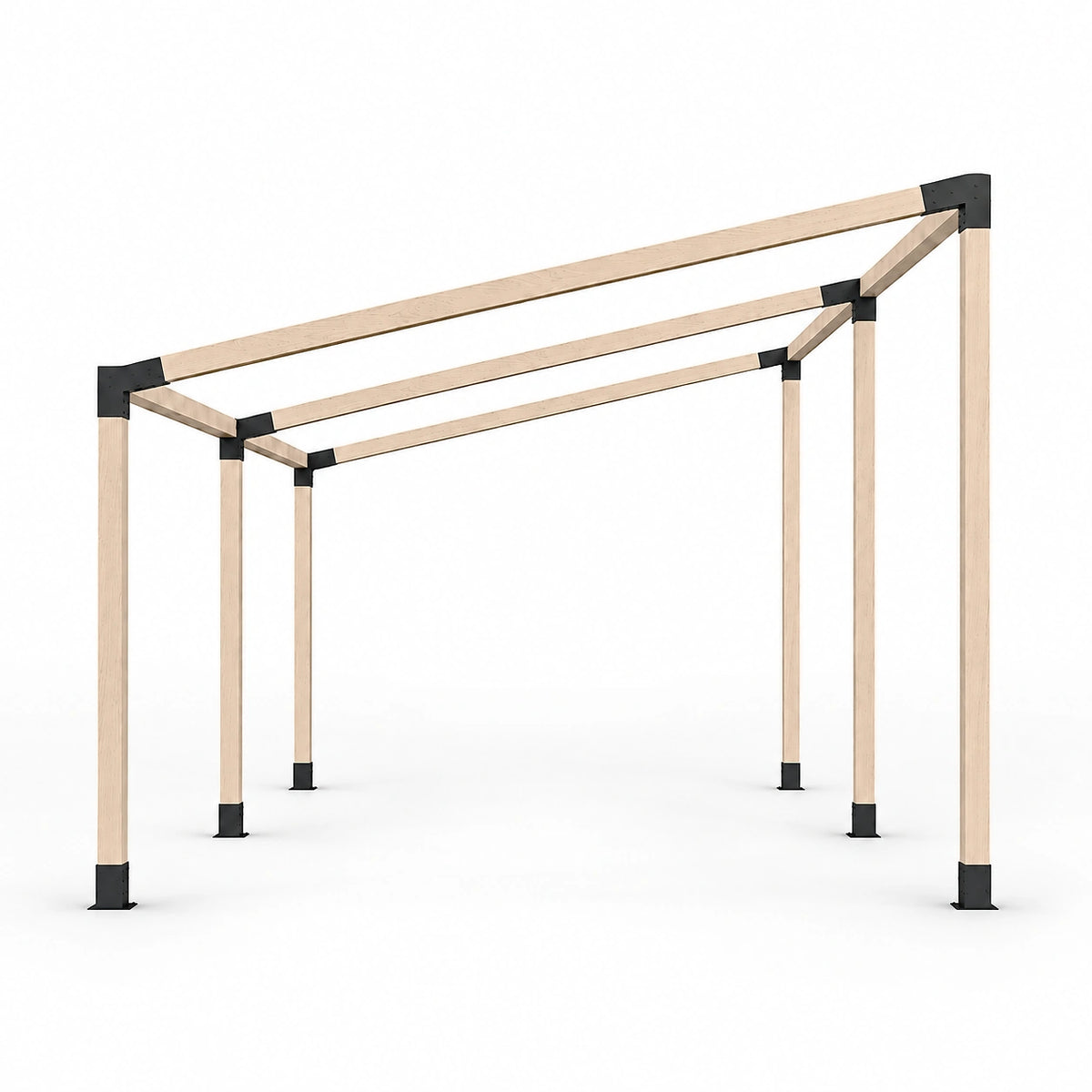 Double Sloped Roof Pergola Kit for 4x4 Wood Posts – assembled frame view (spec: 4x15deg_3way_6base)