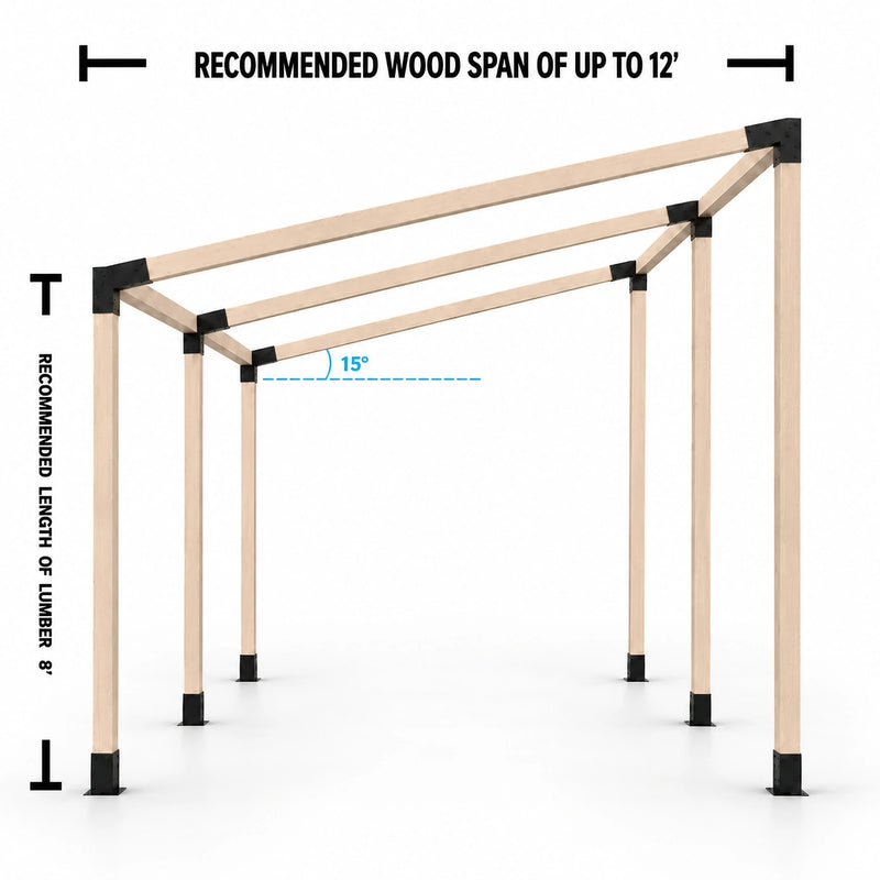 Double Sloped Roof Pergola Kit for 4x4 Wood Posts – 15° slope and span diagram