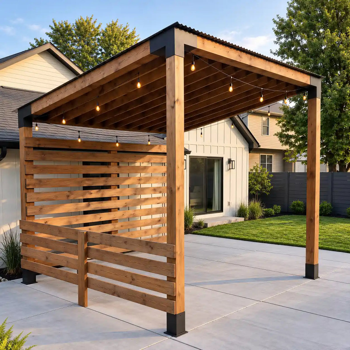 Angled view of a wooden pergola built with a sloped-roof bracket kit, featuring black connectors, horizontal privacy screens and warm string lights.