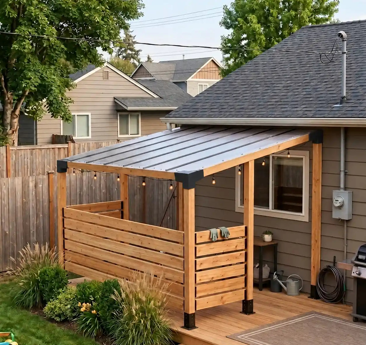 Angled view of a pergola built with a sloped-roof bracket kit, with a panel roof, horizontal wood privacy screens and string lights.
