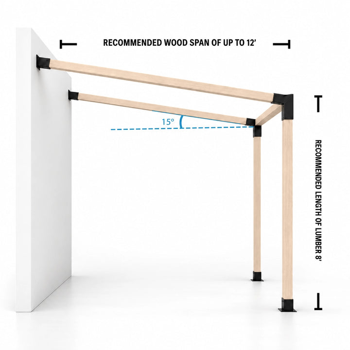 Wall Mount Pergola Kit for 4x4 Wood Posts – 15° slope and span diagram