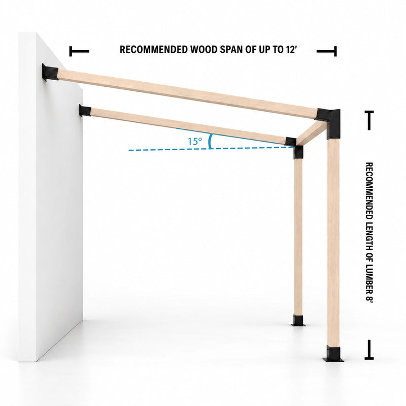 Wall Mount Pergola Kit for 4x4 Wood Posts – 15° slope and span diagram