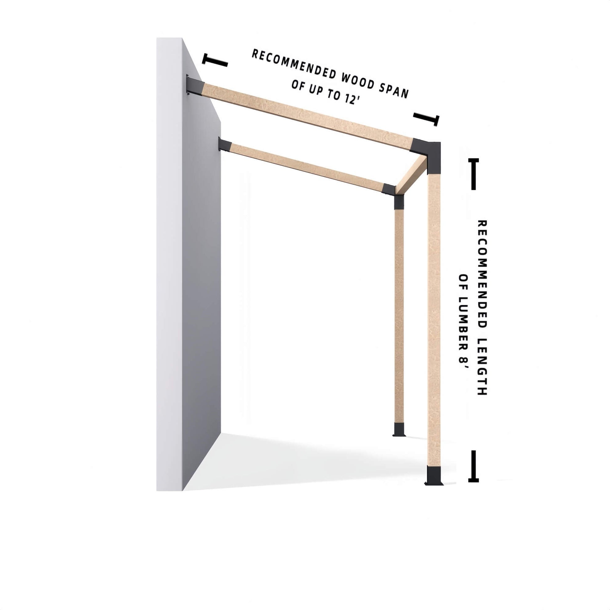 Side view diagram of wall mounted pergola bracket kit showing recommended wood span and post height.