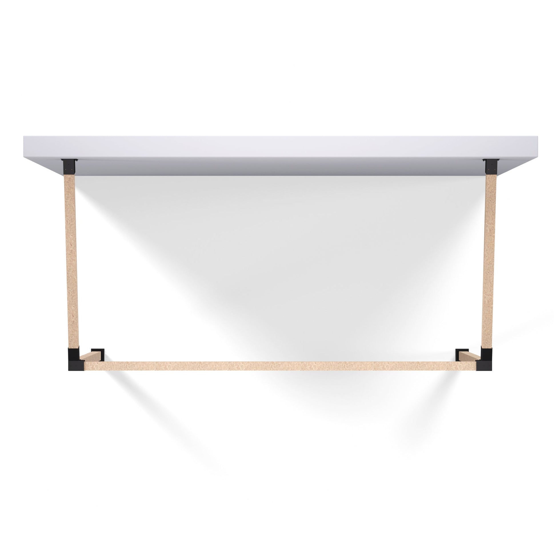 Top view diagram of wall mounted pergola bracket kit with recommended wood span for DIY installation.