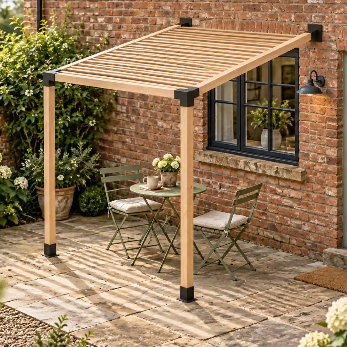 Wall-mounted wooden pergola with an open slatted roof on a brick patio with garden seating.